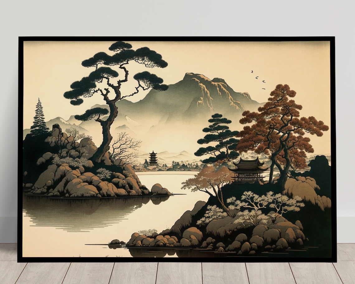 Japanese Lake With Temples, Mountain View Travel Poster