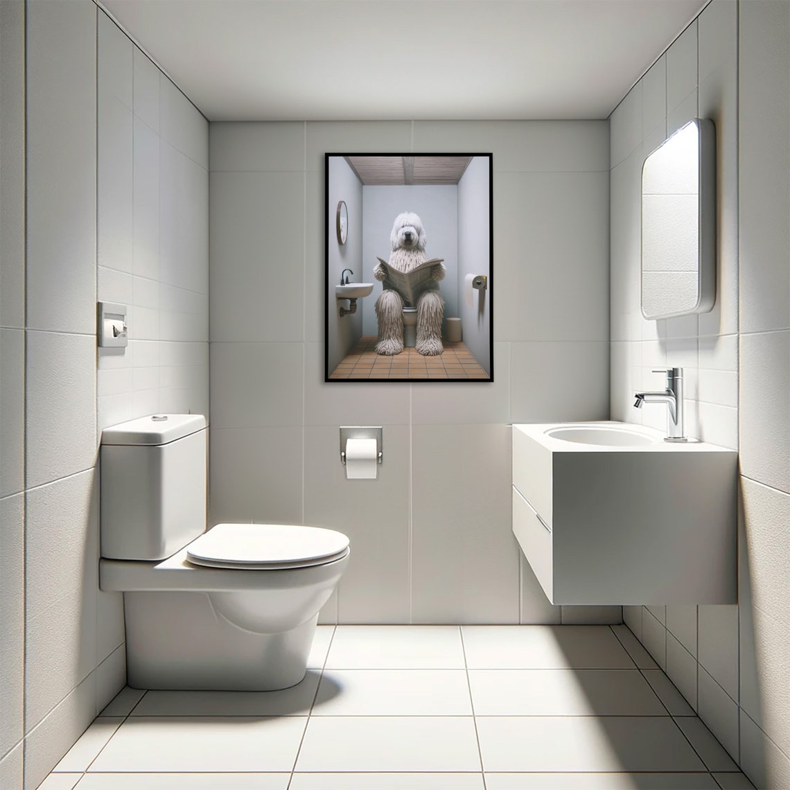 Komondor Dog Reading Newspaper On Toilet Funny Bathroom Wall Poster - Image 4