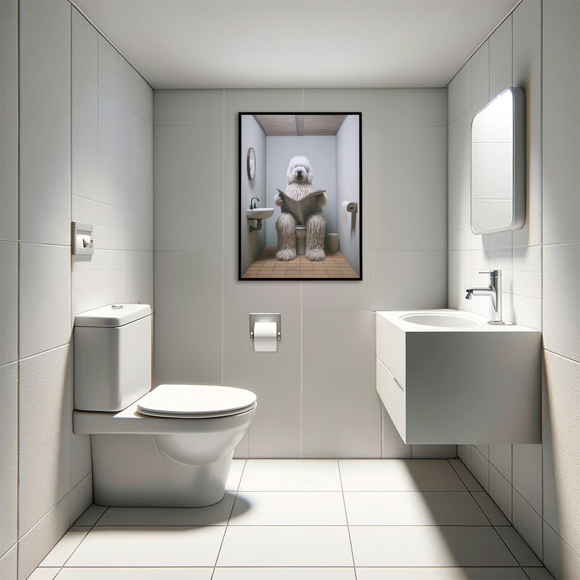 Photograph Of A Komondor Dog Reading The Newspaper On The Toilet Funny Bathroom Decor Bathroom Wall Art Wc Toilet Poster Gag Gift - Image 4