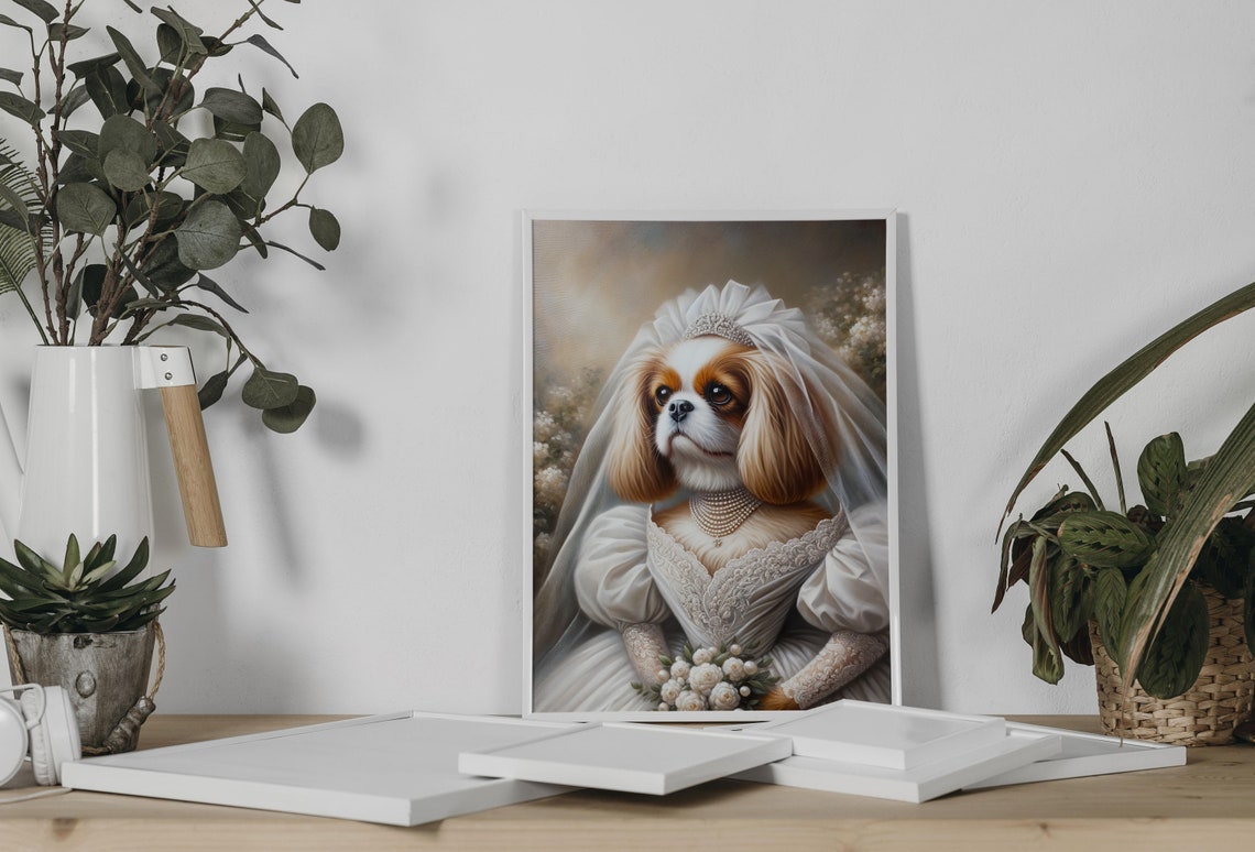 Cavalier King Charles Spaniel Bride in Veil with Pearl Necklace Poster - Image 2