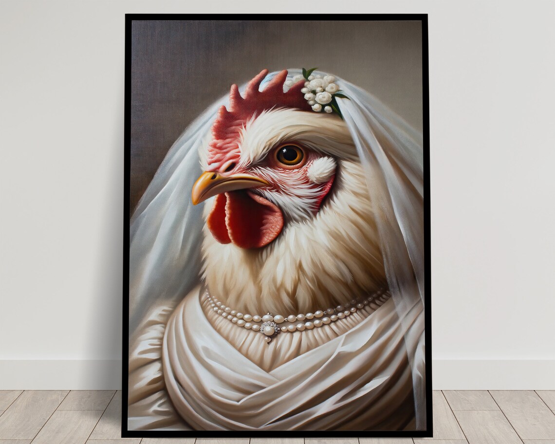White Hen In Wedding Dress Funny Bridal Chicken Portrait Poster