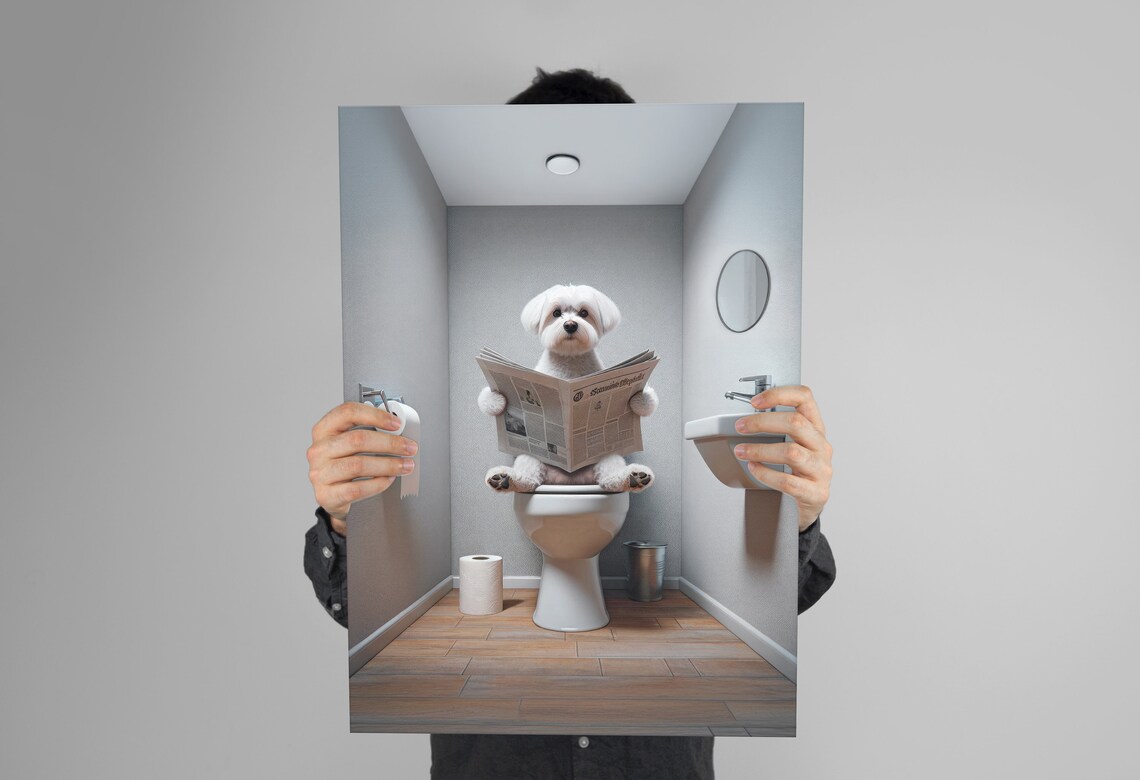 Photograph Of A Maltese Dog Reading The Newspaper On The Toilet Funny Bathroom Decor Bathroom Wall Art Wc Toilet Poster Gag Gift - Image 3