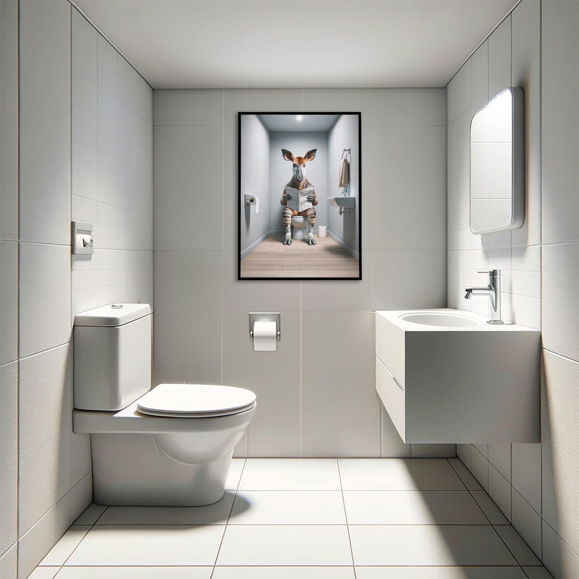 Photograph Of An Okapi Reading The Newspaper On The Toilet Funny Bathroom Decor Bathroom Wall Art Wc Toilet Poster Unique Gag Gift - Image 4