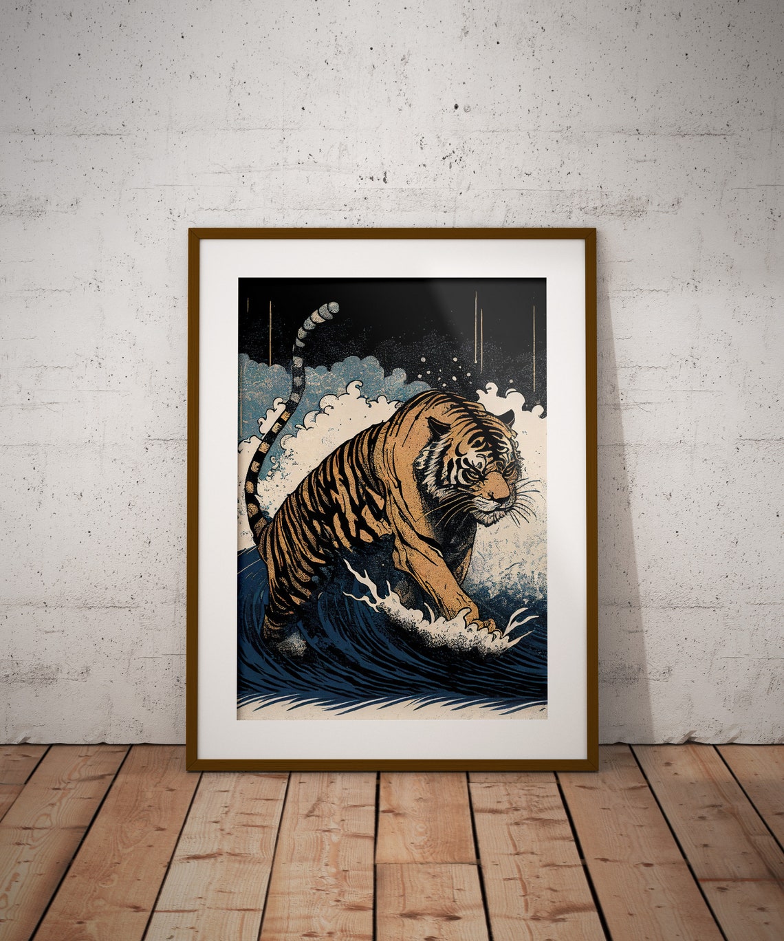 Fierce Tiger Emerging From Dark Ocean Waves Japanese Art Poster - Image 2