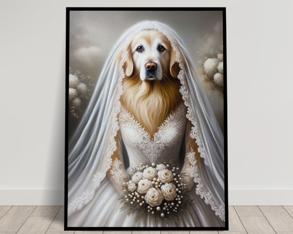 Portrait Of A Golden Retriever Wearing A Wedding Dress Animal Wall Decor Dog Mariage Poster Bride Wall Art Funny Frame Unique Gift