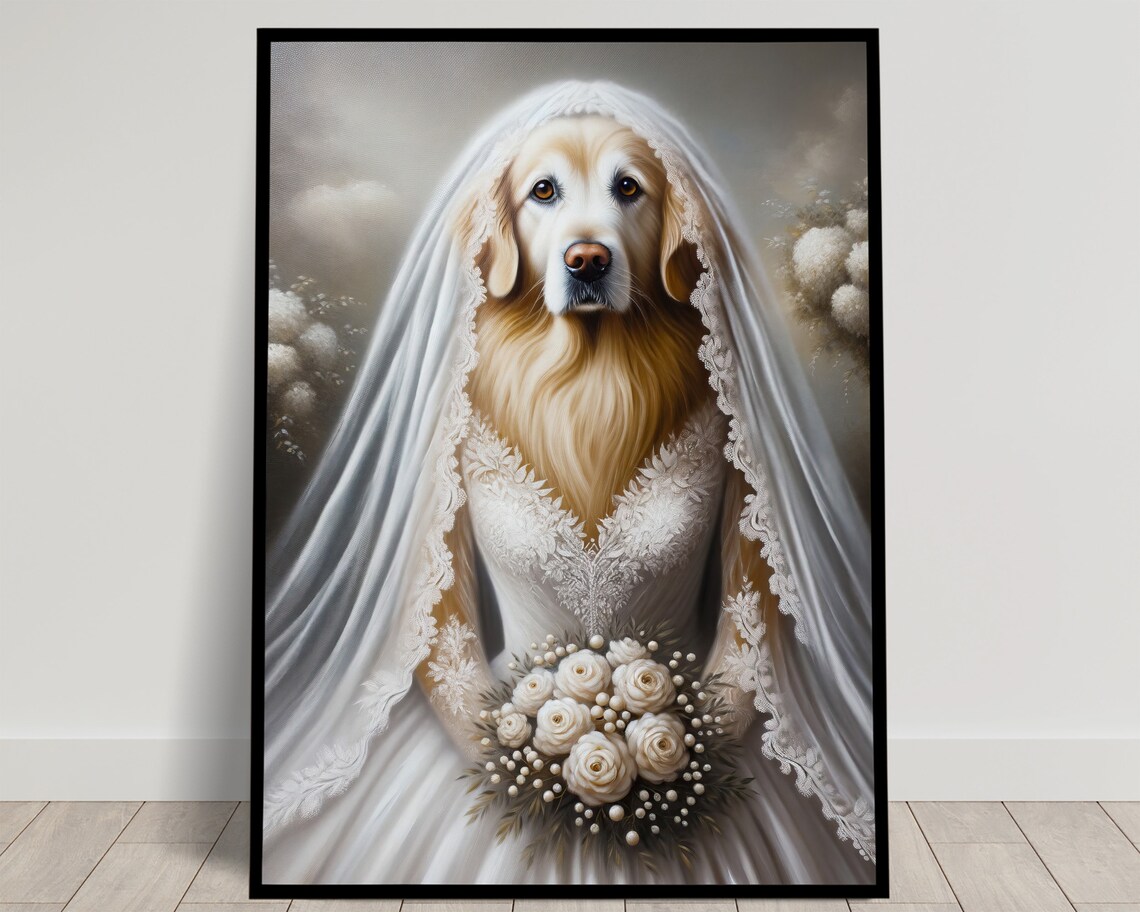 Golden Retriever Bride in Veil Holding White Rose Bouquet Poster