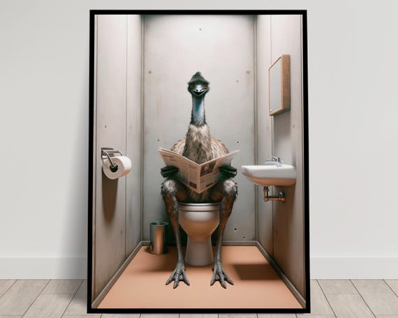 Photograph Of A Emu Reading The Newspaper On The Toilet Funny Bathroom Decor Bathroom Wall Art Wc Toilet Poster Unique Gag Gift