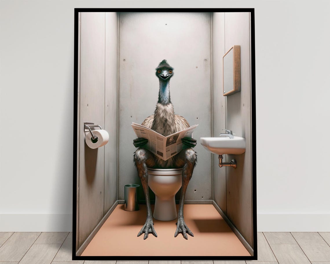 Emu Reading the Newspaper on the Toilet Funny Bathroom Poster