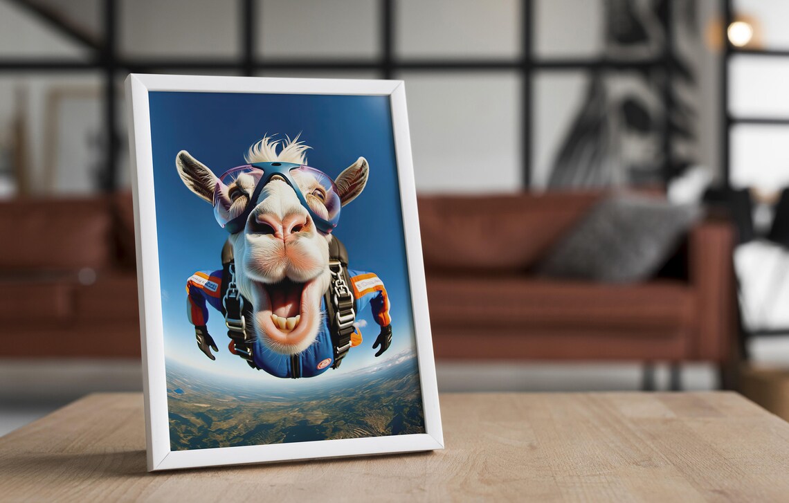 Skydiving Goat in Free Fall, Animal Wall Art Print - Image 4
