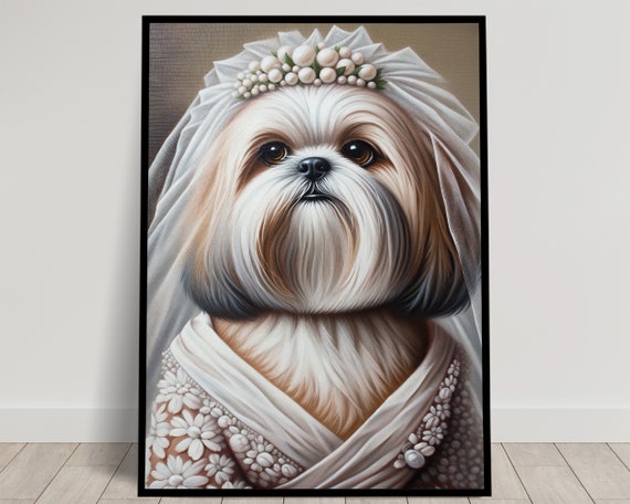 Portrait Of A Shih Tzu Wearing A Wedding Dress Animal Wall Decor Shih Tzu Mariage Poster Bride Wall Art Funny Frame Unique Gift