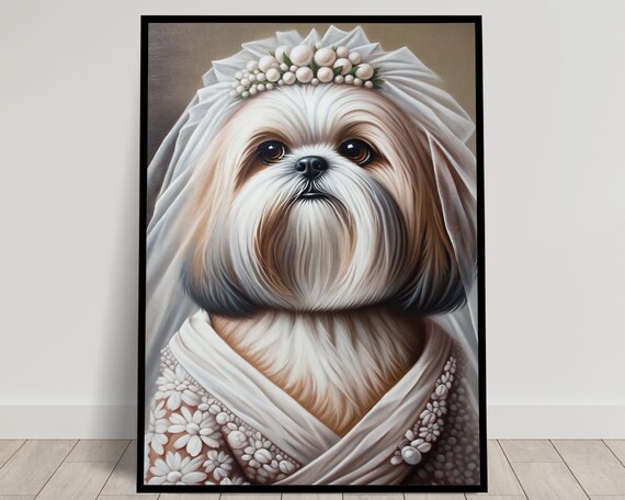 Shih Tzu Bride in Wedding Dress with Veil and Floral Headpiece Poster