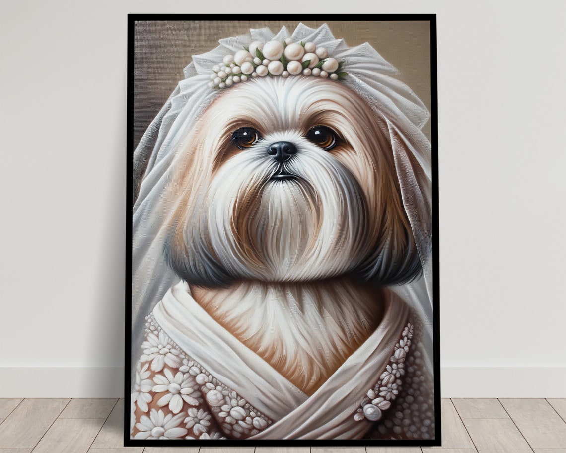 Shih Tzu Bride in Wedding Dress with Veil and Floral Headpiece Poster