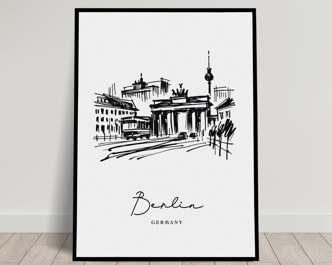 Berlin Skyline Ink Sketch Brandenburg Gate Minimalist Travel Poster