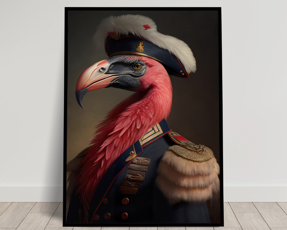 Flamingo In Military Uniform Plumed Hat Funny Bird Portrait Poster