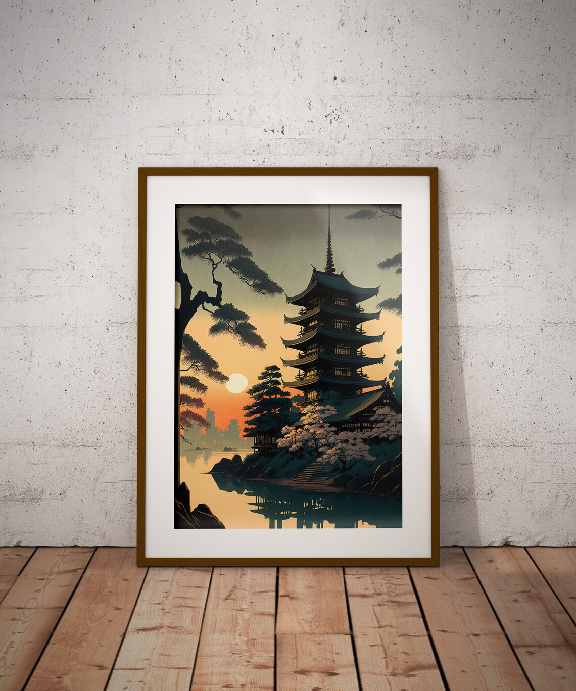 Five Story Pagoda At Sunrise Cherry Blossoms Lake Art Poster - Image 2