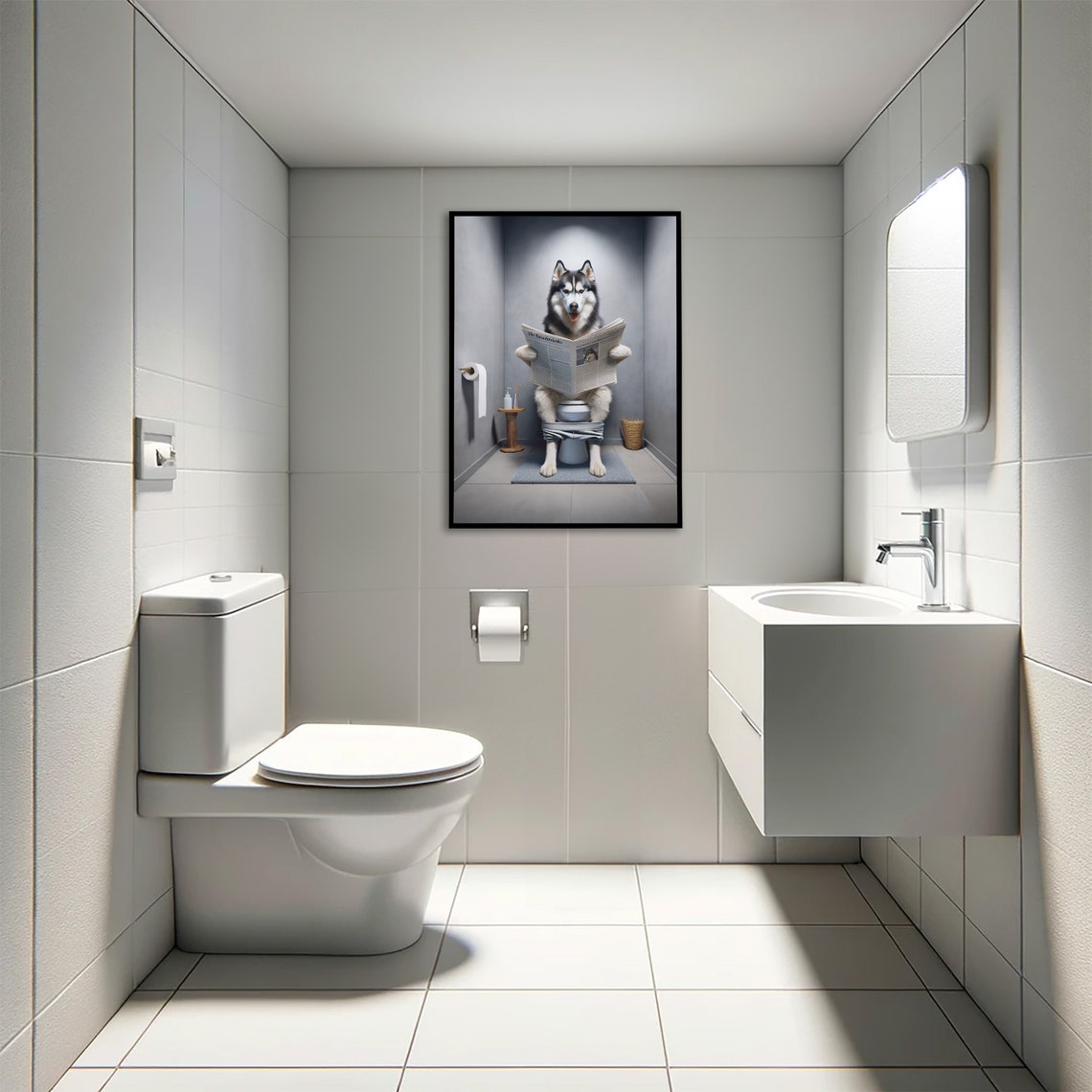 Funny Siberian Husky Reading Newspaper On Toilet Humor Poster - Image 4