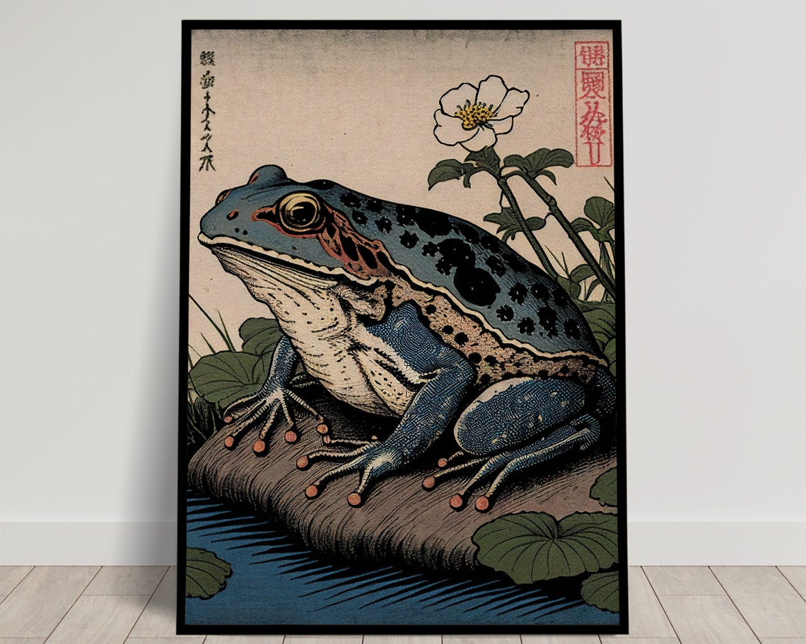 Japanese Ukiyo E Style Frog Pond Flower Vintage Illustration Wall Art