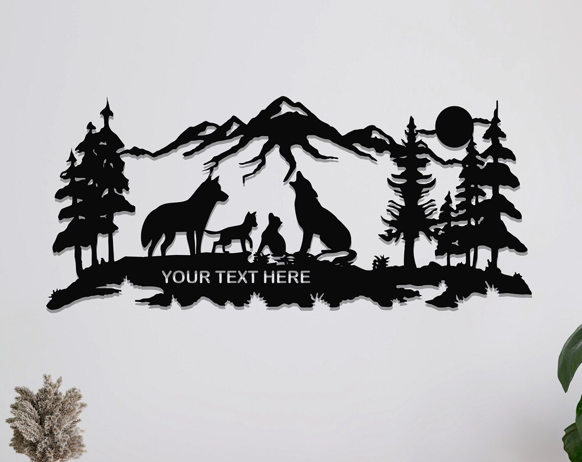Personalized Wolf Pack Metal Wall Art Howling Moon Custom Text Wall Decor
