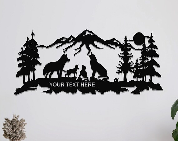 Personalized Wolf Pack Metal Wall Art Howling Moon Custom Text Wall Decor