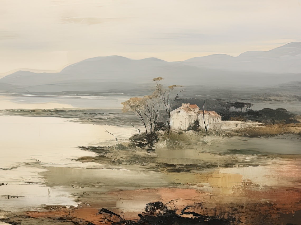 Muted Coastal Landscape Soft Tonal Lakeside Houses Vintage Poster - Image 3