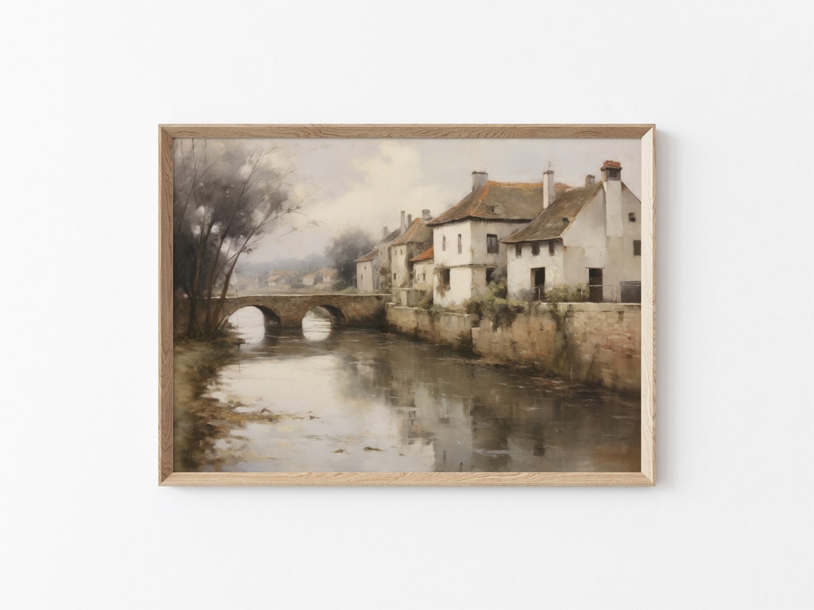 Vintage European Village Painting Country Road Painting Rustic Village Print Country House Wall Decor River And House Painting