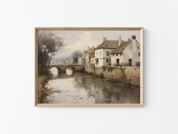 Vintage European Village Painting Country Road Painting Rustic Village Print Country House Wall Decor River And House Painting