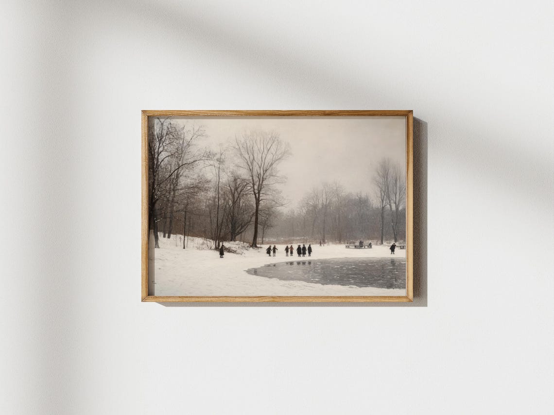 Frozen Pond Skaters In Snowy Park Bare Winter Trees Vintage Art Poster - Image 3