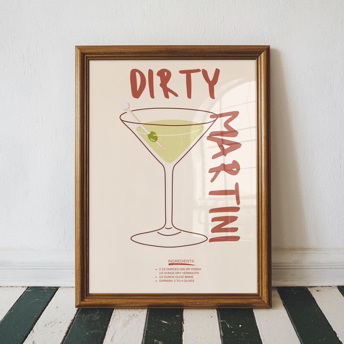 Dirty Martini Cocktail Recipe Ingredients Olive Vintage Bar Poster