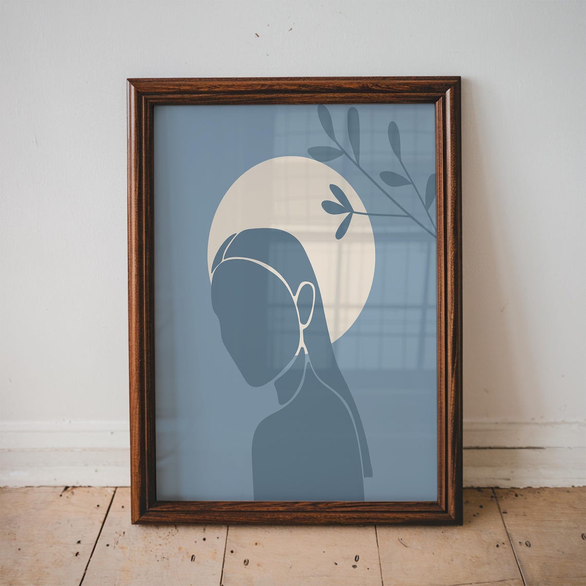 Minimalist Woman and Moon Silhouette Blue Abstract Line Art Poster
