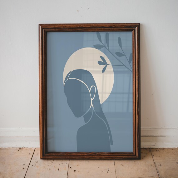 Minimalist Woman and Moon Silhouette Blue Abstract Line Art Poster