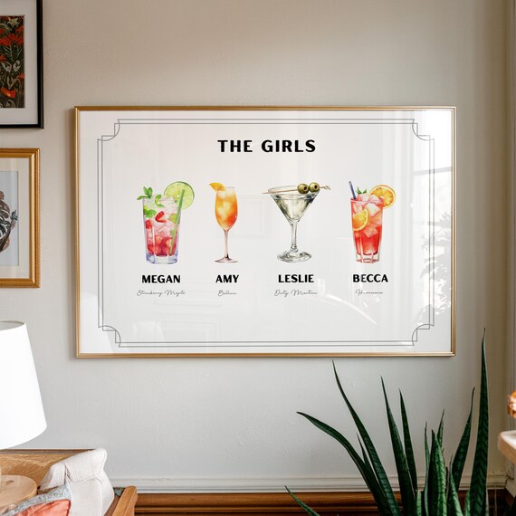 The Girls Personalized Cocktail Names Best Friends Gift Wall Art