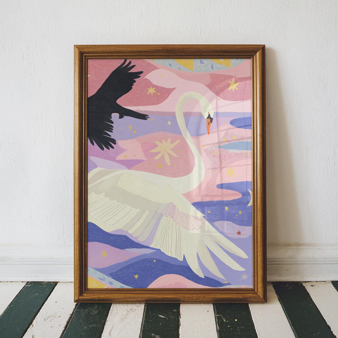 Dreamy White Swan Pastel Night Sky Whimsical Bird Art Poster