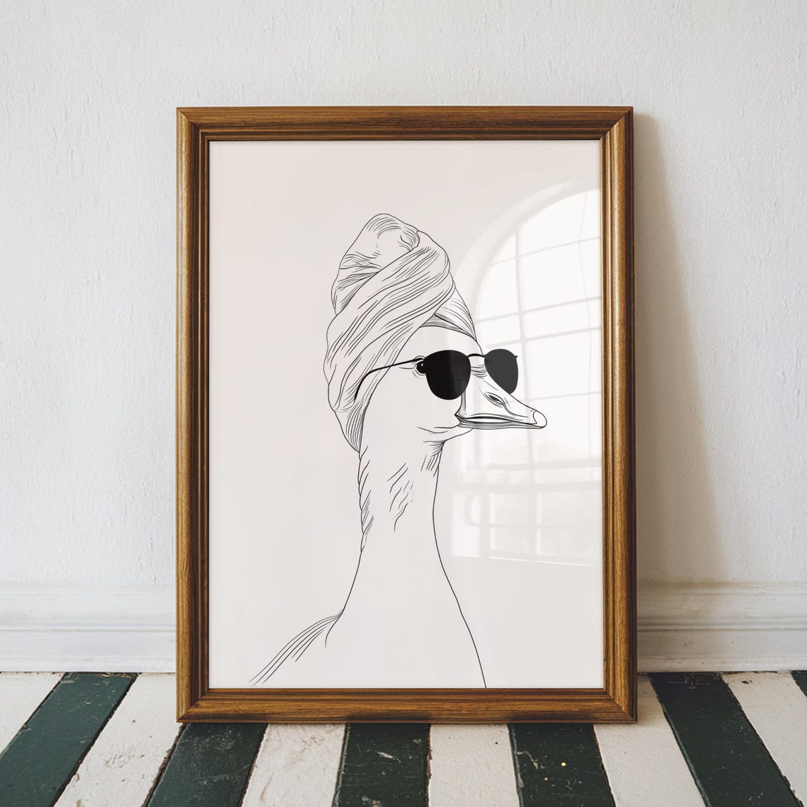 Goose in a Towel Wrap Sunglasses Minimalist Line Art Bathroom Poster