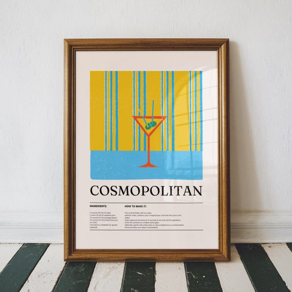 Cosmopolitan Recipe Art Print Colorful Bar Cart Decor Kitchen Home Party Wall Trendy