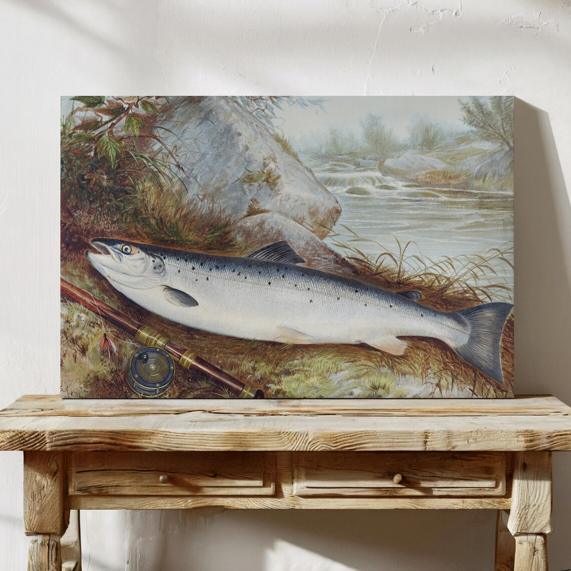 Samuel Kilbourne Salmon on Riverbank with Fly Rod Vintage Art Poster