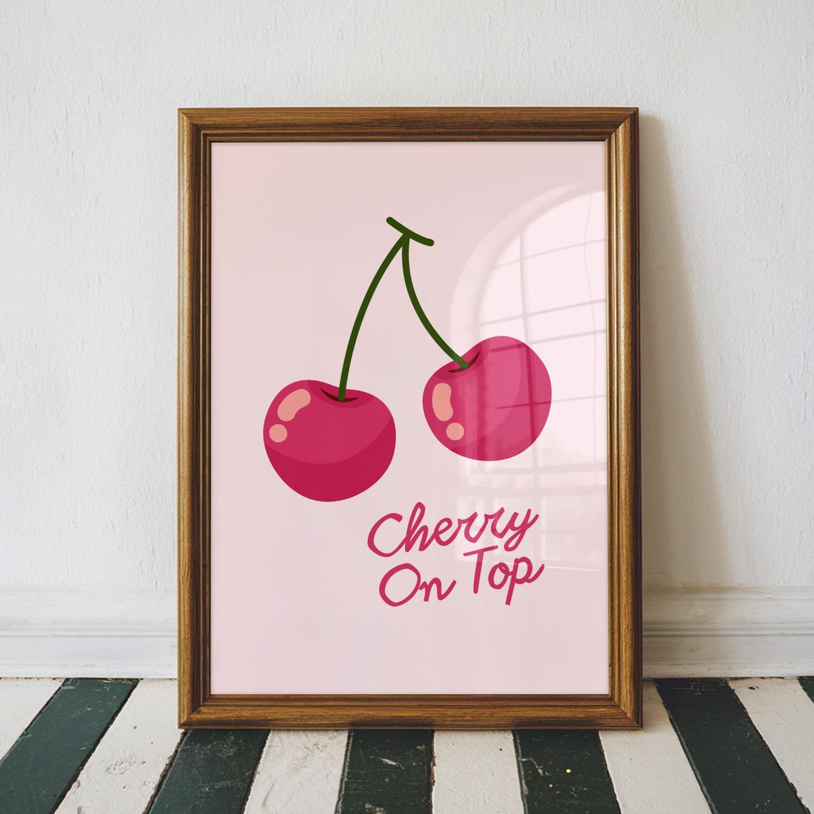 Cherry On Top Pink Retro Fruit Illustration Kitchen Wall Poster