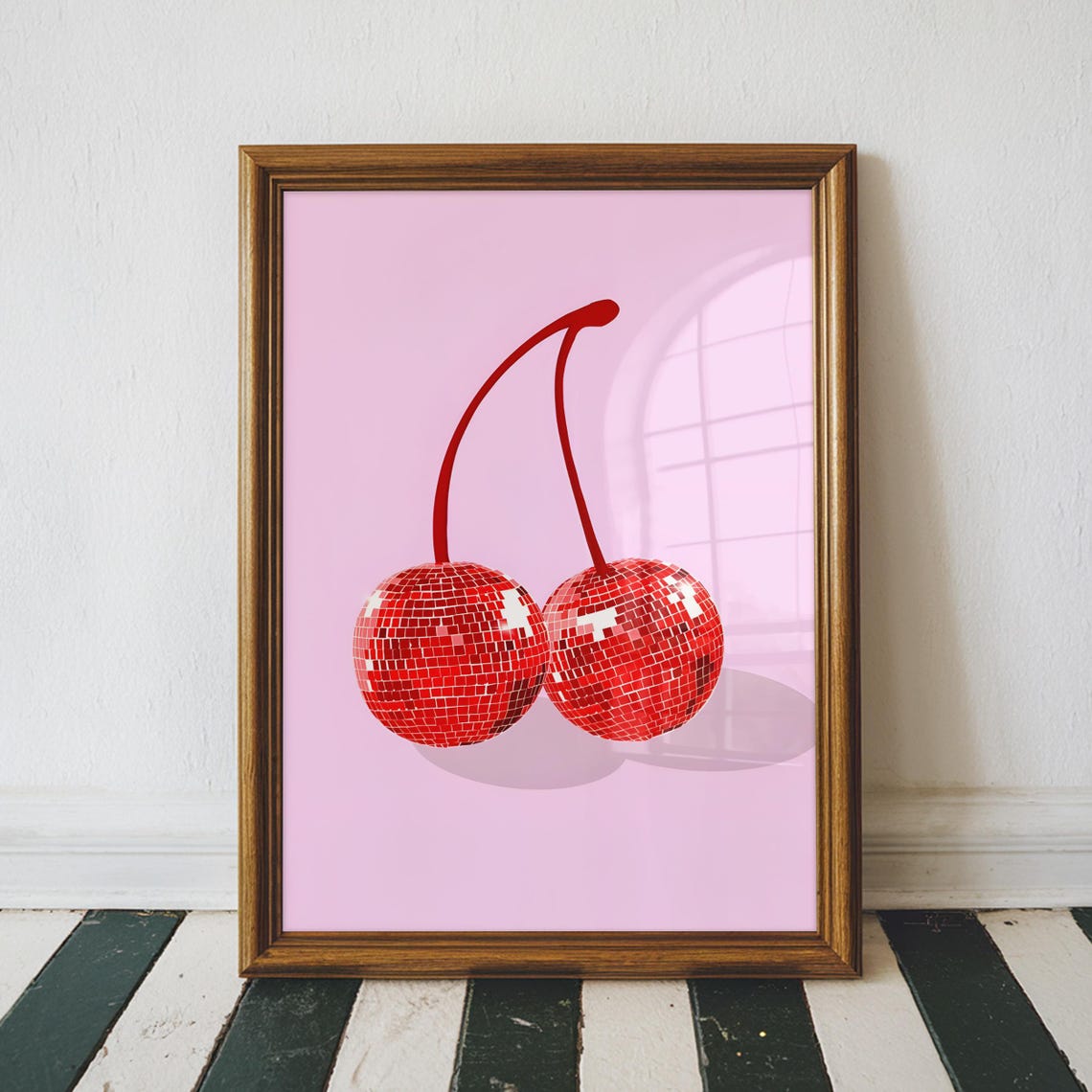 Red Disco Ball Cherries Bold Pink Pop Art Fun Wall Decor Poster