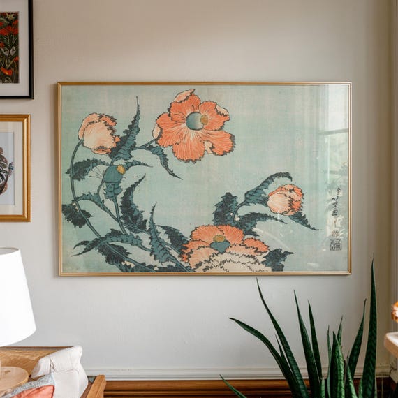 Vintage Japanese Print Poppies By Katsushika Hokusai Floral Home Decor Art Living Room Large Wall Ukiyoe