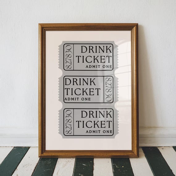 Drink Ticket Print Retro Trendy Wall Art Bar Cart Decor Kitchen Funny Vintage Home Physical
