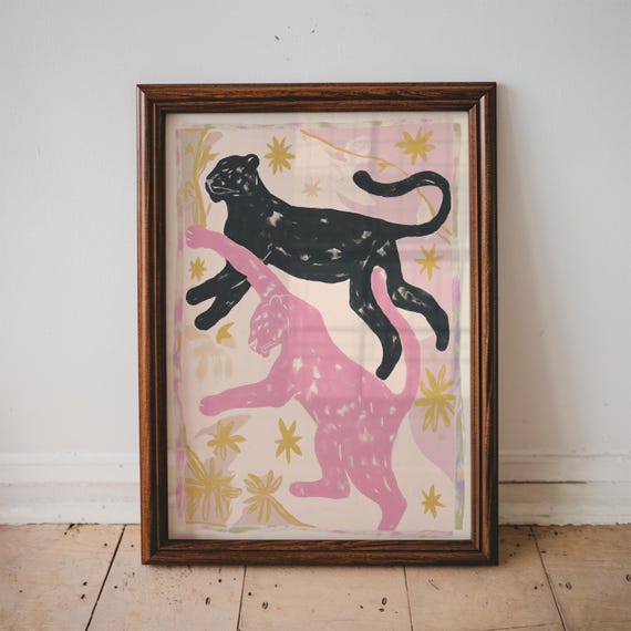 Dancing Panthers Art Print Whimsical Animal Colorful Home Decor Lover Gift Jungle Unframed