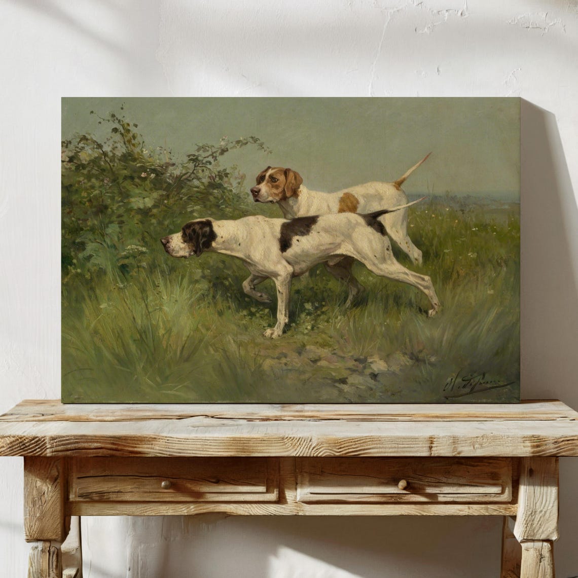 Two Pointers Hunting Dogs in a Field Vintage Oil Painting Style Poster