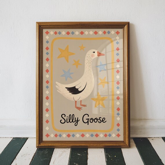 Silly Goose Cute Illustrated Nursery Goose Stars Retro Cottage Kids Poster