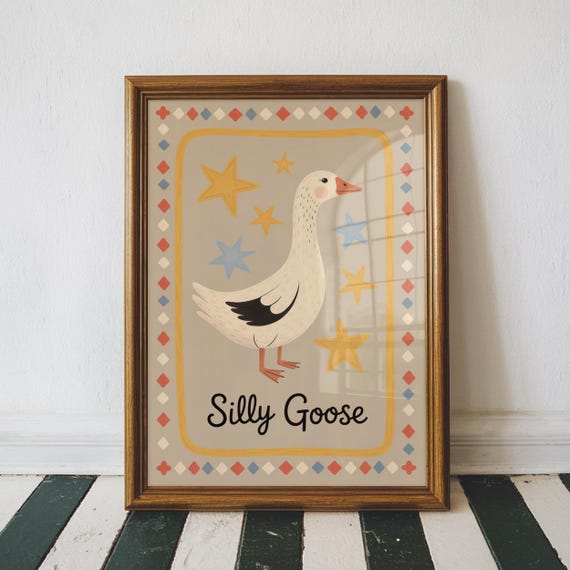 Silly Goose Print Trendy Wall Art Apartment Decor Retro Quirky Nursery Cottage Core