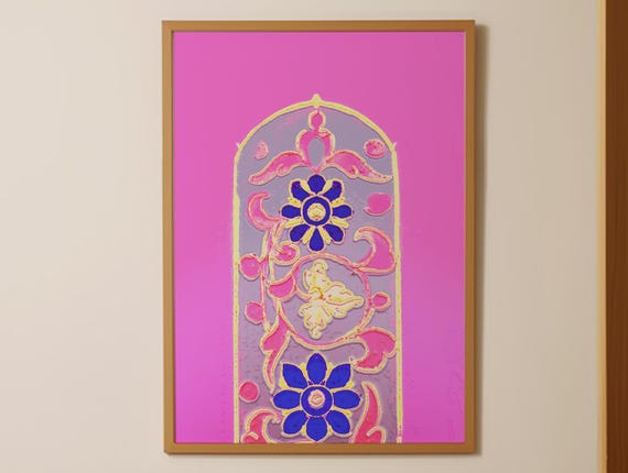Folk Art Butterfly Poster Pink Background Blue Flower Design Arch Pattern Art Bohemian Wall Decor Colorful Feminine Art Print Gift