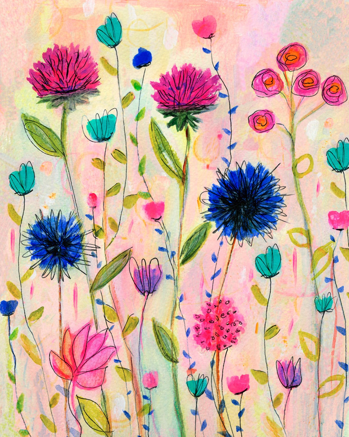 Abstract Watercolor Thistle Meadow in Pink Blue and Teal Poster