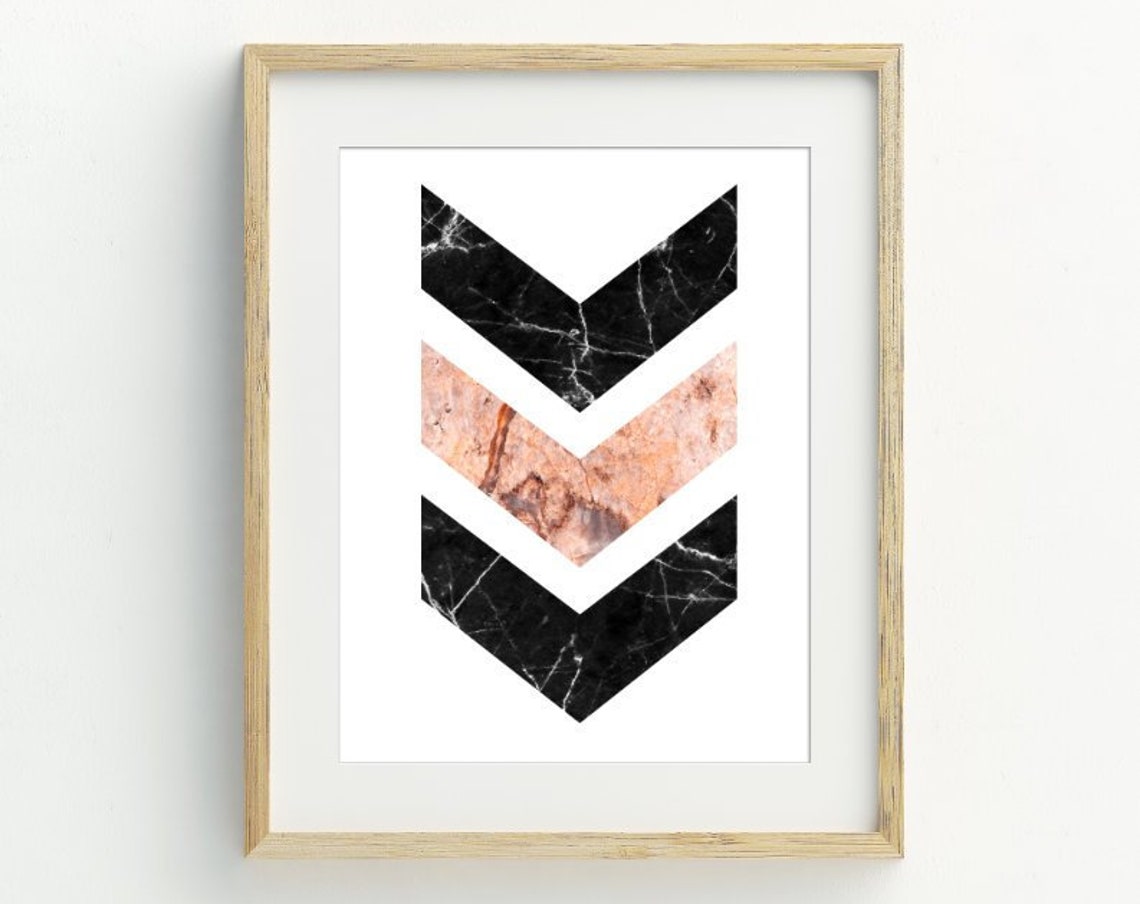 Black Pink Marble Chevron Geometric Modern Minimalist Wall Art