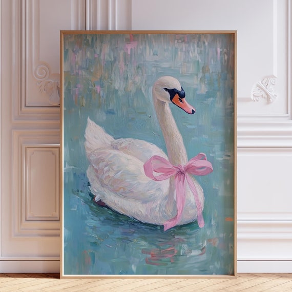 Blue Swan Print With Bow Vintage Watercolor Wall Art Nursery Coquette Animal