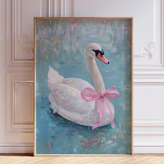 White Swan Wearing a Pink Bow Floating on Teal Water Wall Art