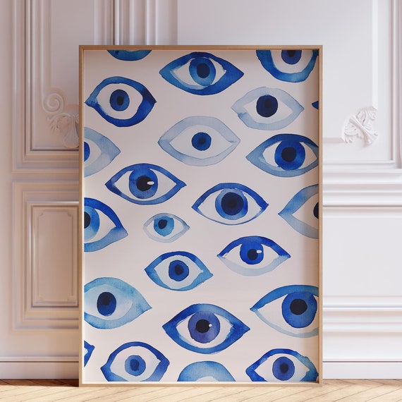 Navy Blue Evil Eye Wall Art Print Trendy Poster Watercolor Greek Abstract