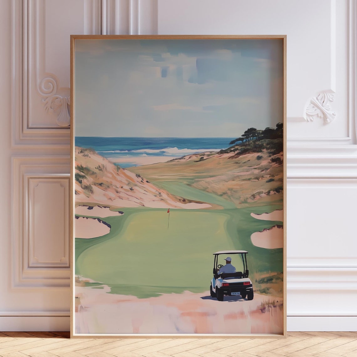 Coastal Golf Course Ocean View With Golf Cart Soft Watercolor Poster
